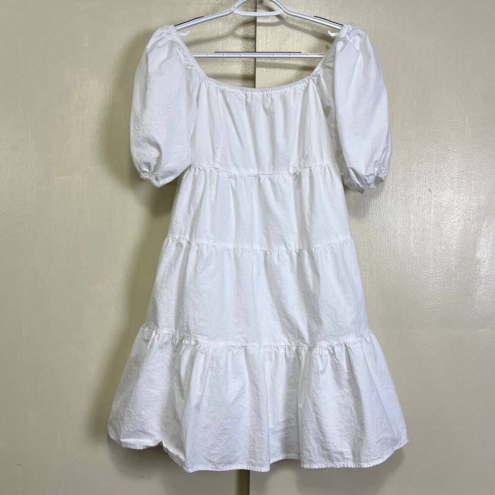 SIM & SAM White Babydoll Mini Dress Size S Puff Sleeve Tiered Smocked Back